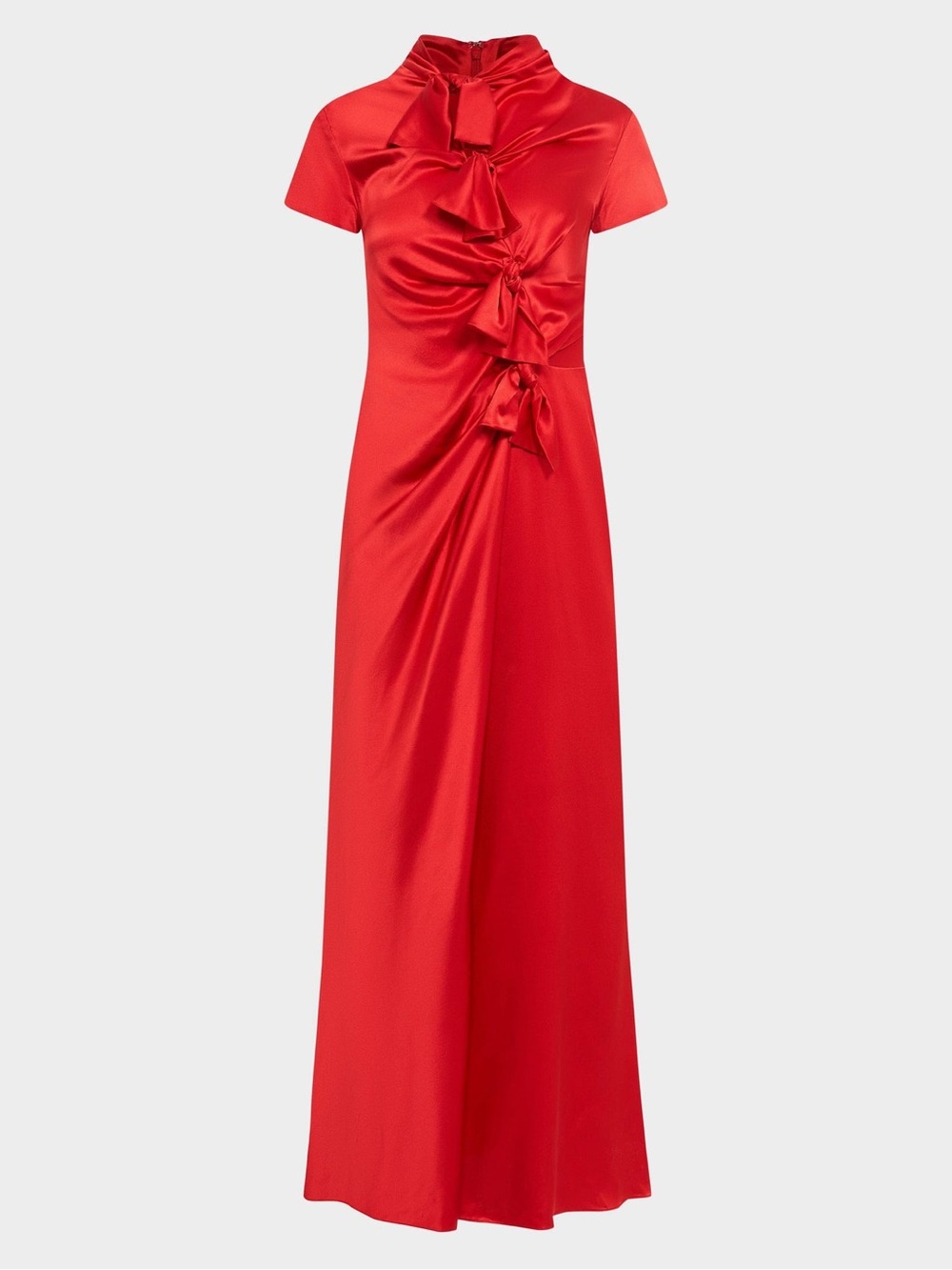SALONI Red Satin Maxi Dress with Front Knot and Bow Details